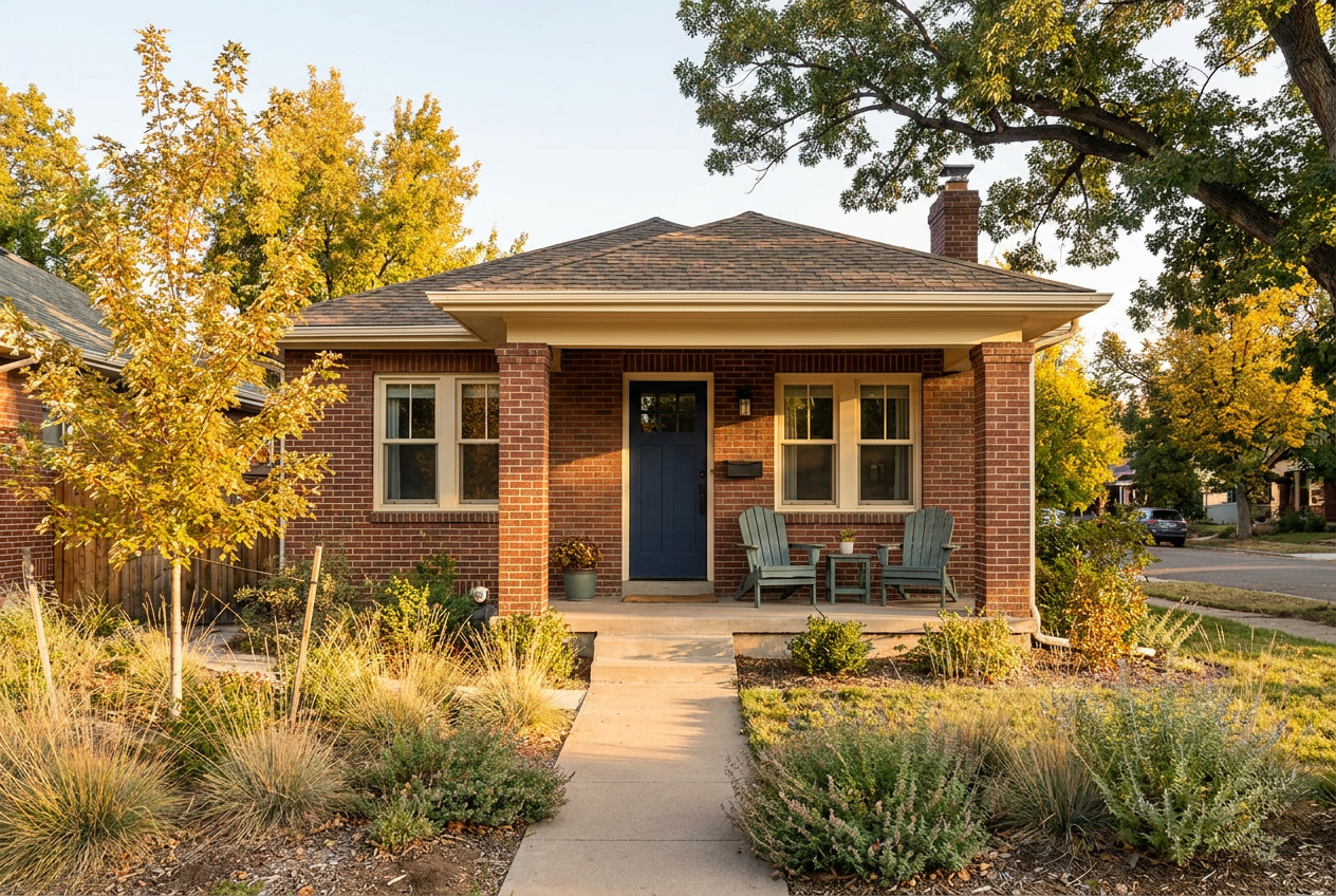 Denver brick bungalow with a navy front door and mature trees in warm afternoon light.