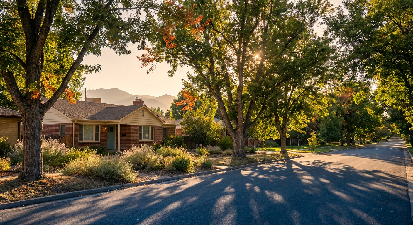 Denver-area brick home on a tree-lined street in warm early-fall light.