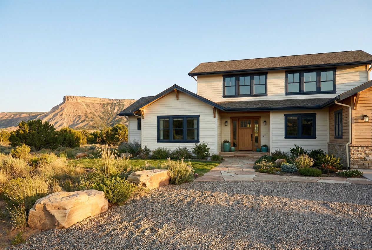 Golden home with a landscaped yard and mesa backdrop in warm afternoon light.