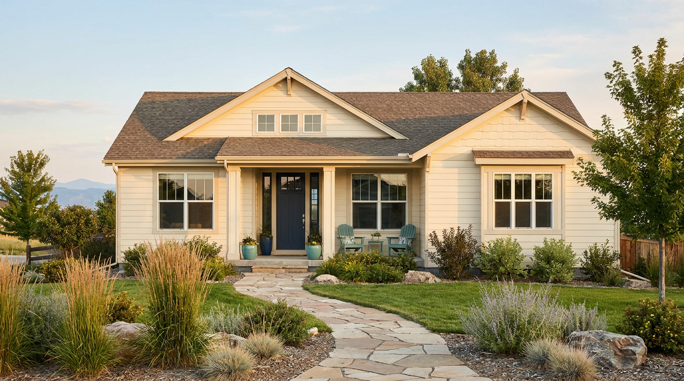 Broomfield home with an ivory exterior, navy door, and low-water landscaping in warm afternoon light.