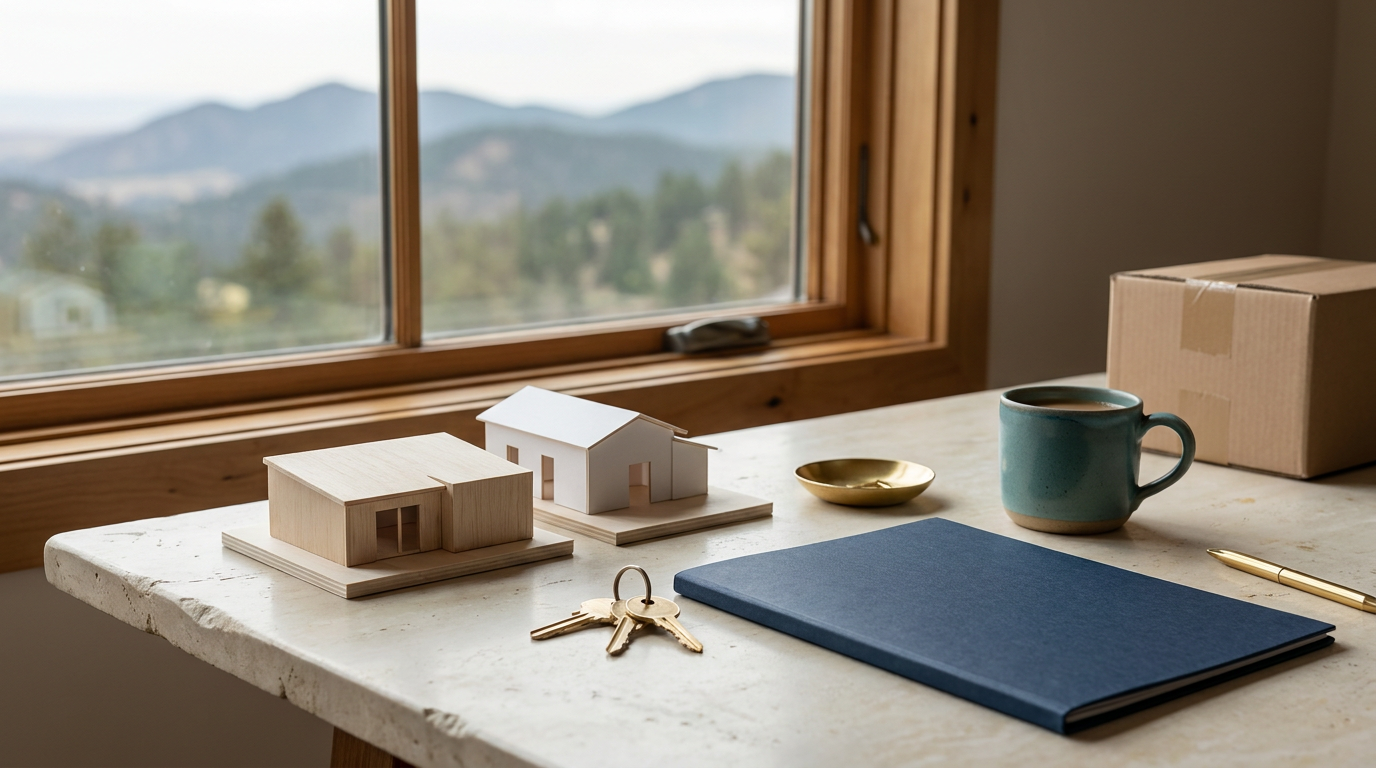 Two house models and brass keys on a tabletop overlooking Colorado foothills.