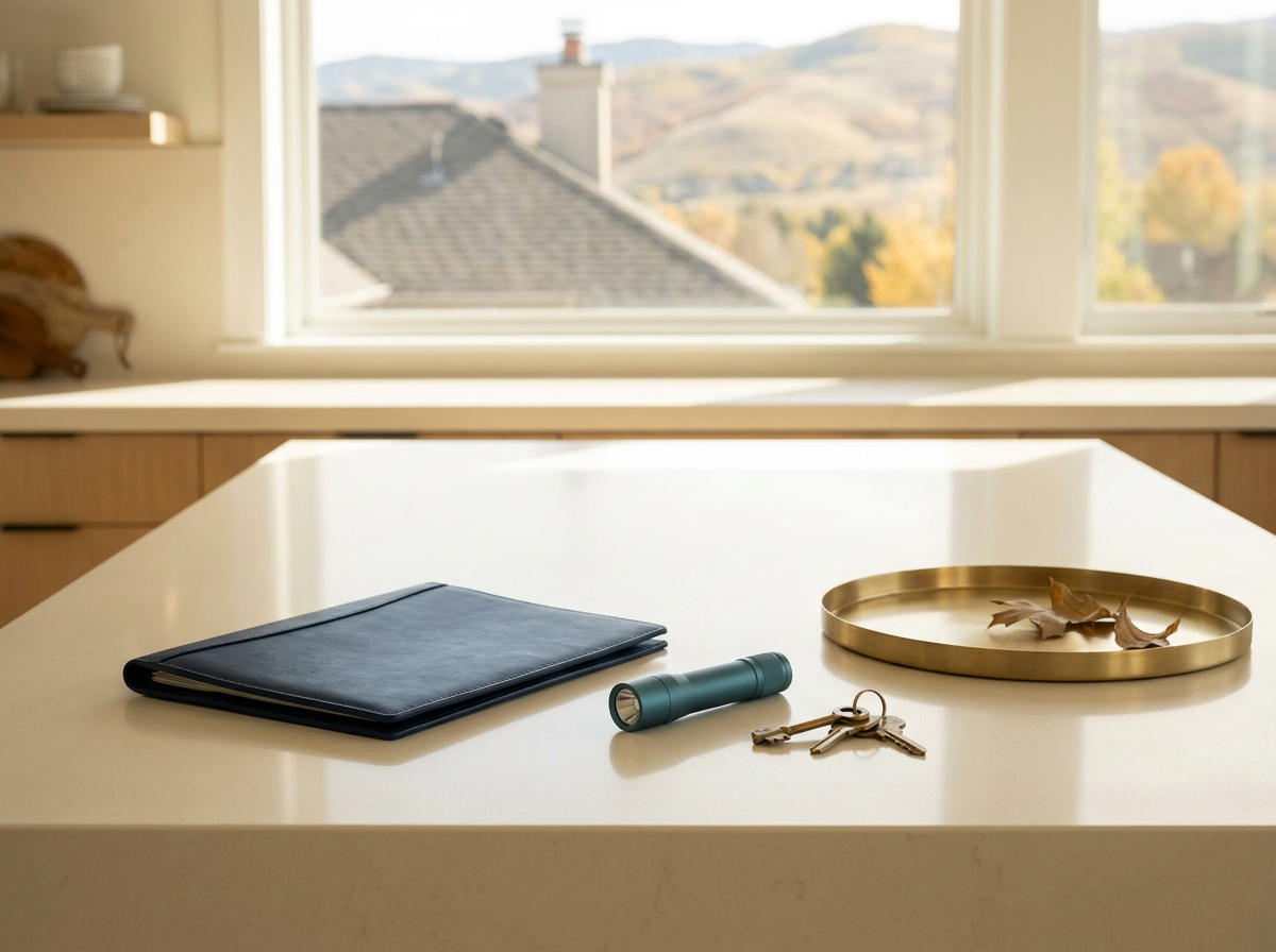 Home inspection materials on an ivory kitchen island with Colorado foothills beyond the window.