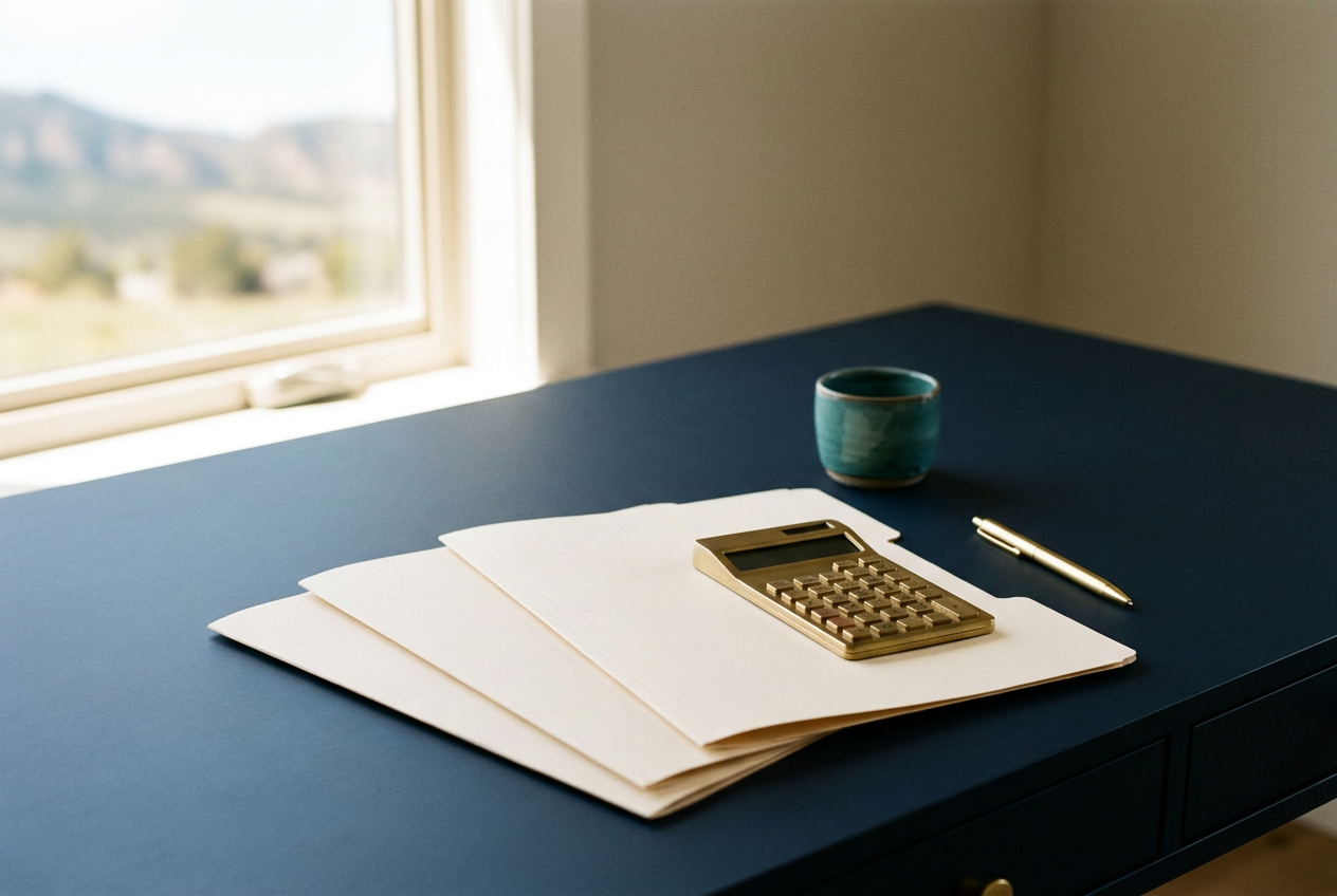 Offer comparison folders, calculator, and gold pen on a navy desk overlooking Colorado foothills.