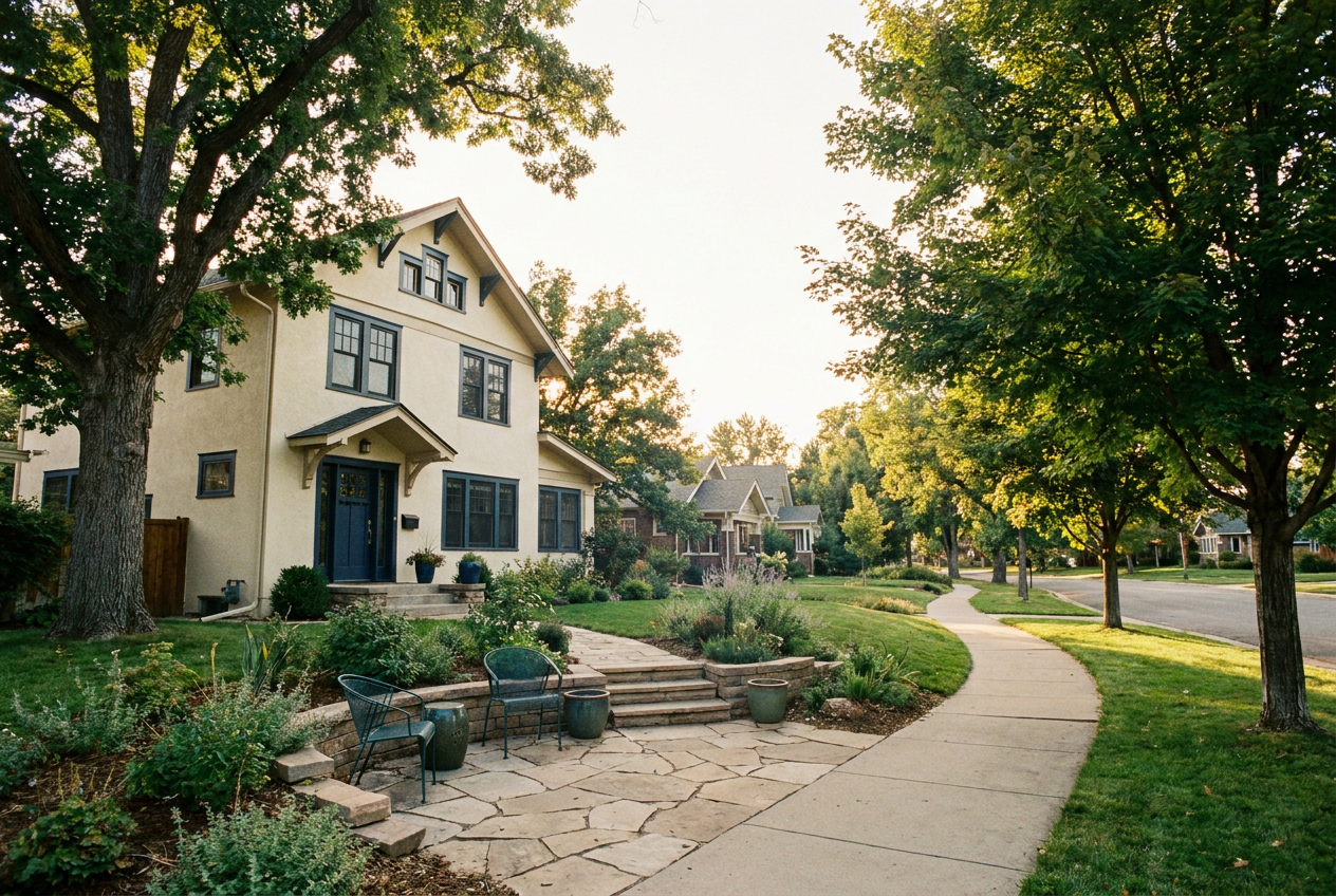 Longmont home with mature landscaping and a neighborhood sidewalk in warm afternoon light.