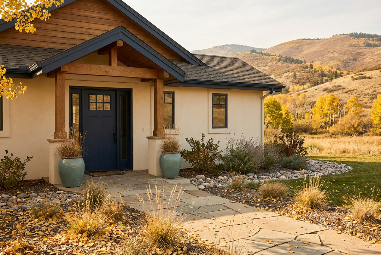 Colorado home with golden autumn foliage and a clear front walkway.