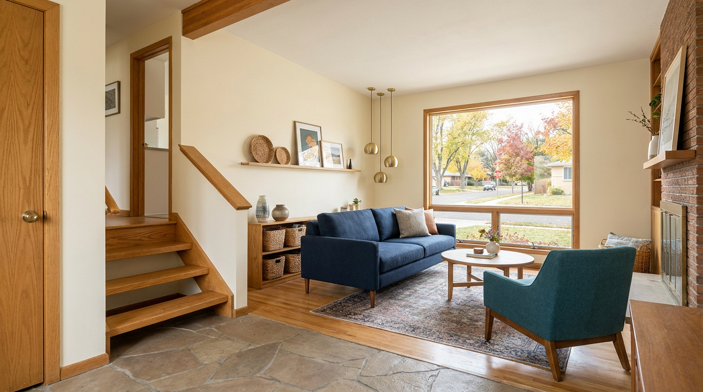 Arvada split-level living room with navy and teal furnishings, a clear entry, and visible stairs.