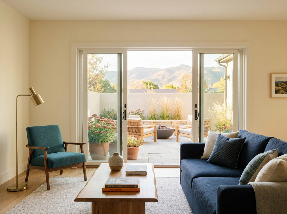 Uncluttered Colorado living room with navy and teal furnishings opening onto a tidy patio.