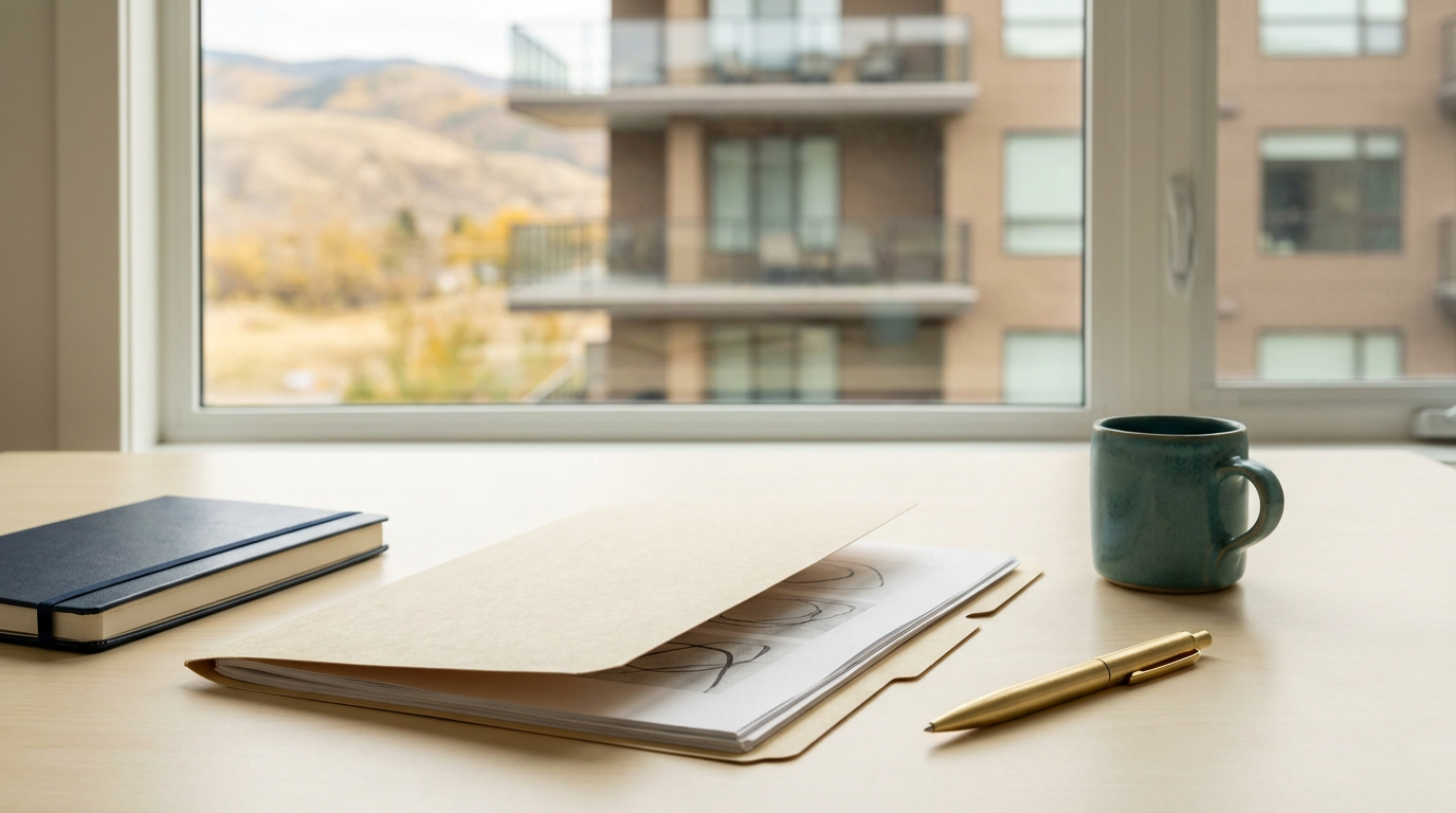 Organized condo records on a desk overlooking a Boulder building and the foothills.