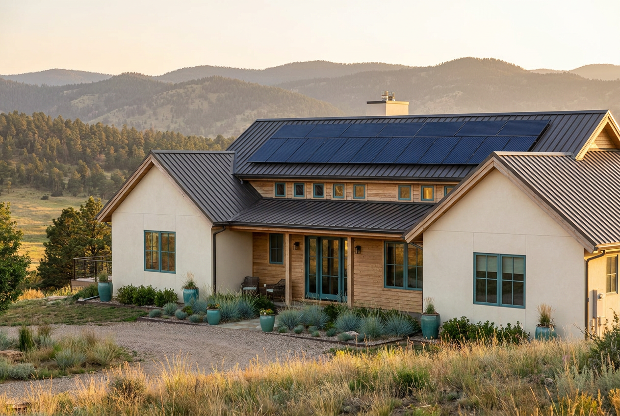 Rooftop solar panels on a Colorado home in warm afternoon light.