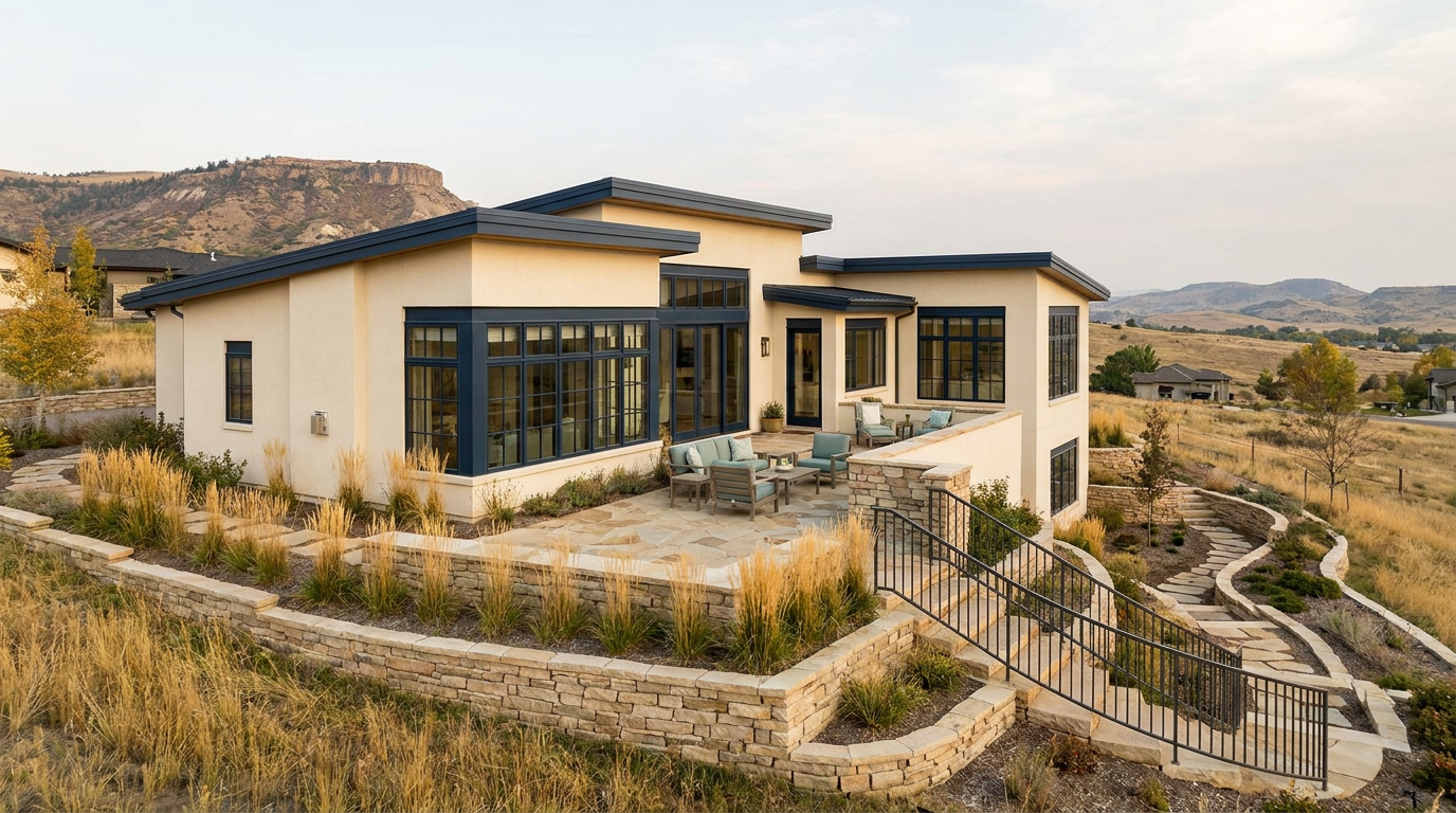Castle Rock home with a terraced yard, stone retaining wall, and patio overlooking rolling terrain.