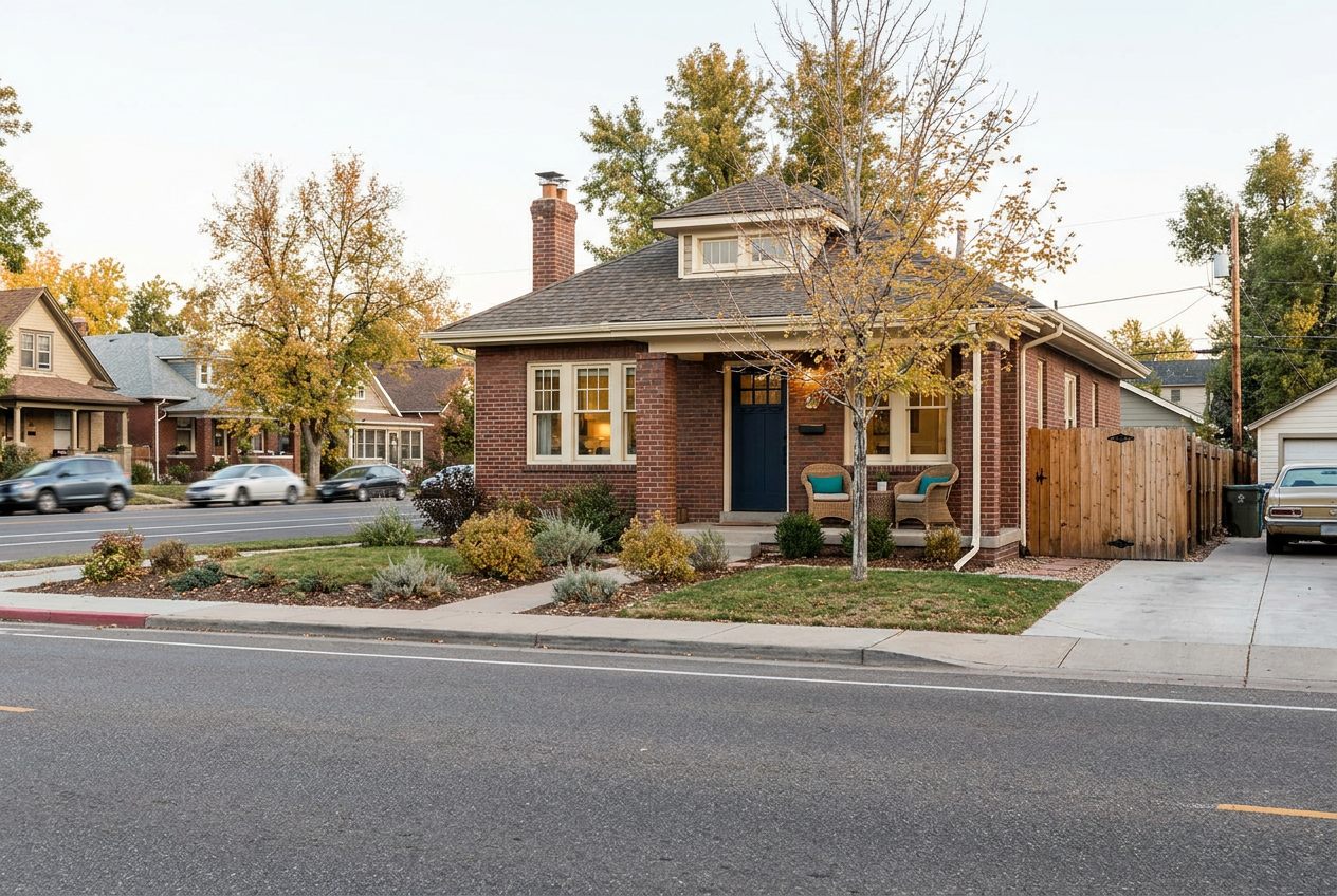 Denver brick bungalow with a navy door facing a broad street in early autumn.