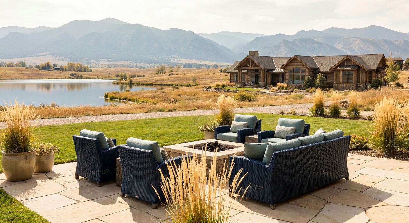 Autumn patio overlooking a lake with Colorado foothills in the distance.