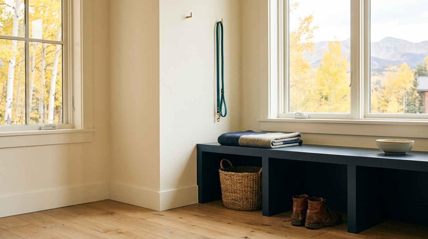 Tidy home entry with a navy bench, teal dog leash, and clean wood flooring.